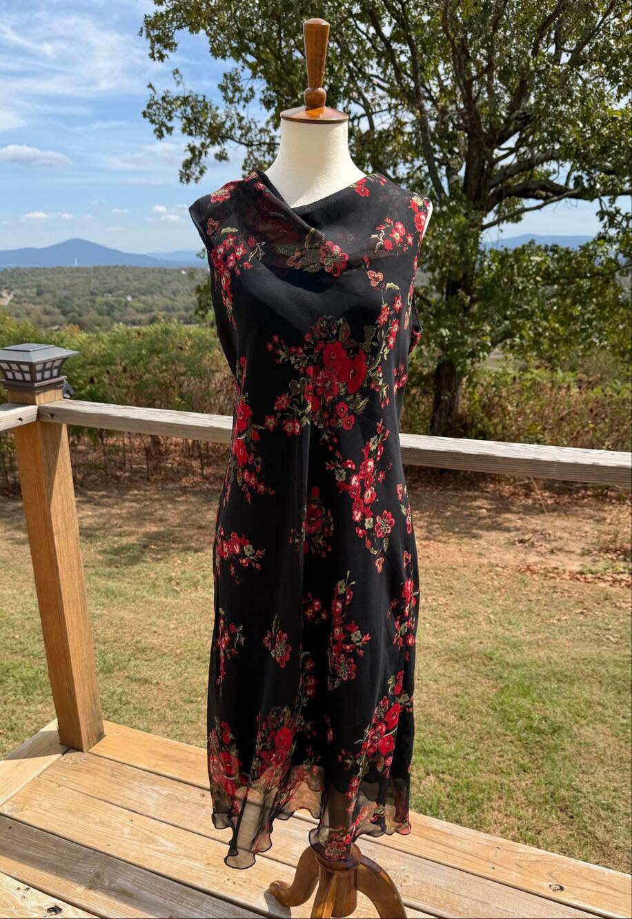 Vintage 90s Meghan Matthews Dark Floral Cowl Neck Mesh Midi Slip Dress Size 10